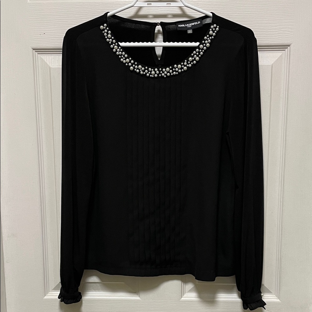 Karl Lagerfeld Paris | Black | Faux Pearl Scoop Neckline | Blouse | Size S